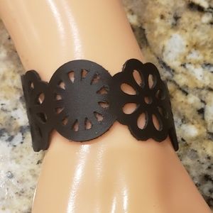 Black laser cut leather flower bracelet